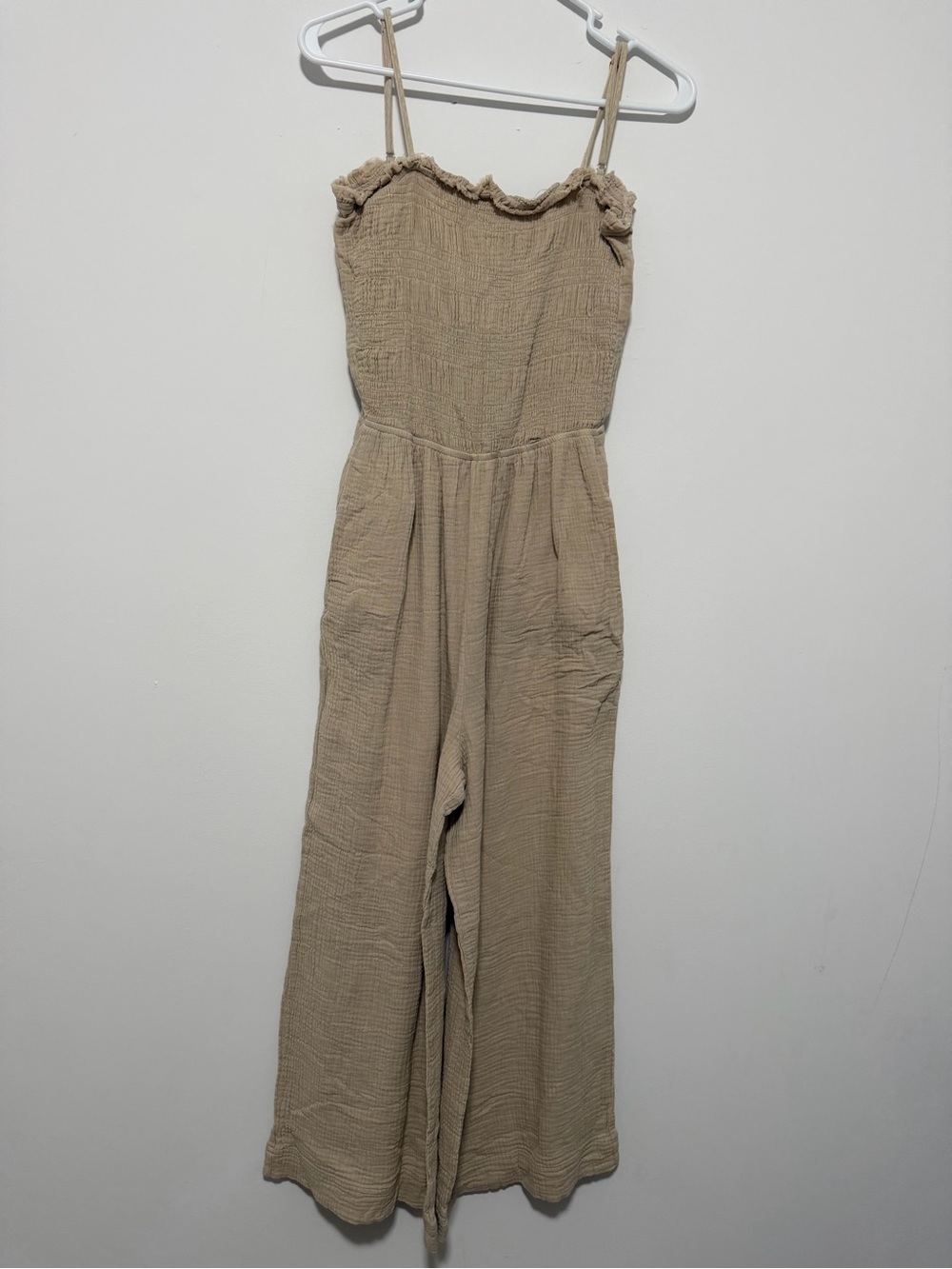 Textured Sleeveless Wide-Leg Jumpsuit in Beige